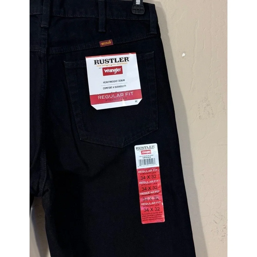 Rustler‎ Wrangler Jeans Men 34x32 Black Regular Straight Cotton Denim NEW